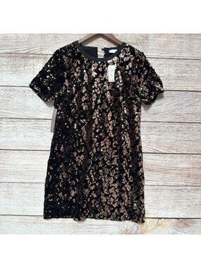 Ro & De Anthropologie Andi Sequined Tee Dress Womens Black Gold Velvet Size M